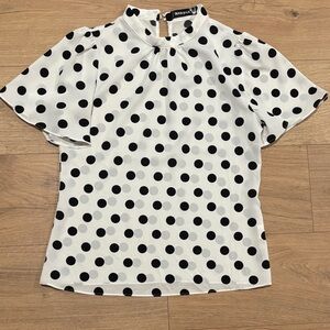 Allegra K White Blouse with Black Polka Dots and Flutter Sleeves